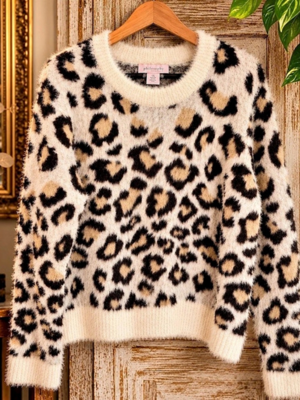 Anthropologie Philosophy Republic Fuzzy Leopard Sweater L- PTP 23"